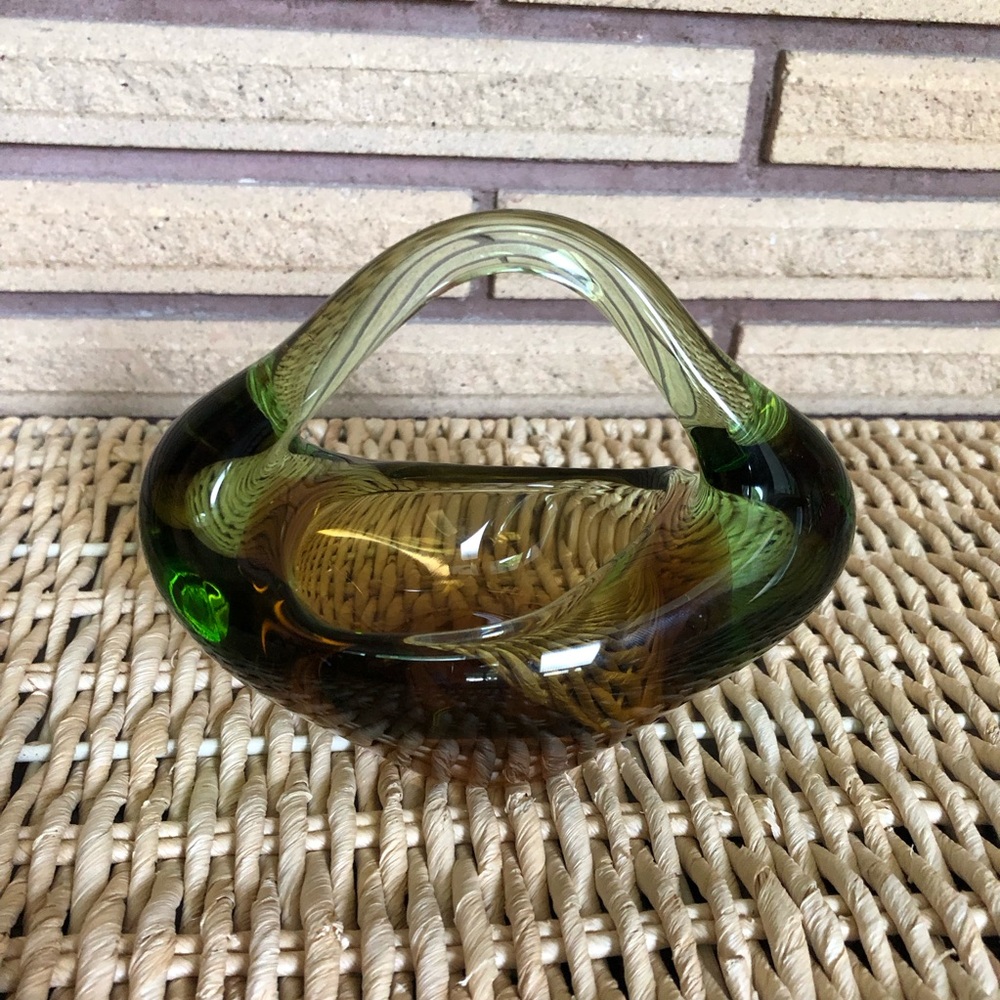 60's Green/Amber Glass Art Dish - Glass Art Bowl - Glass Collectible - Basket